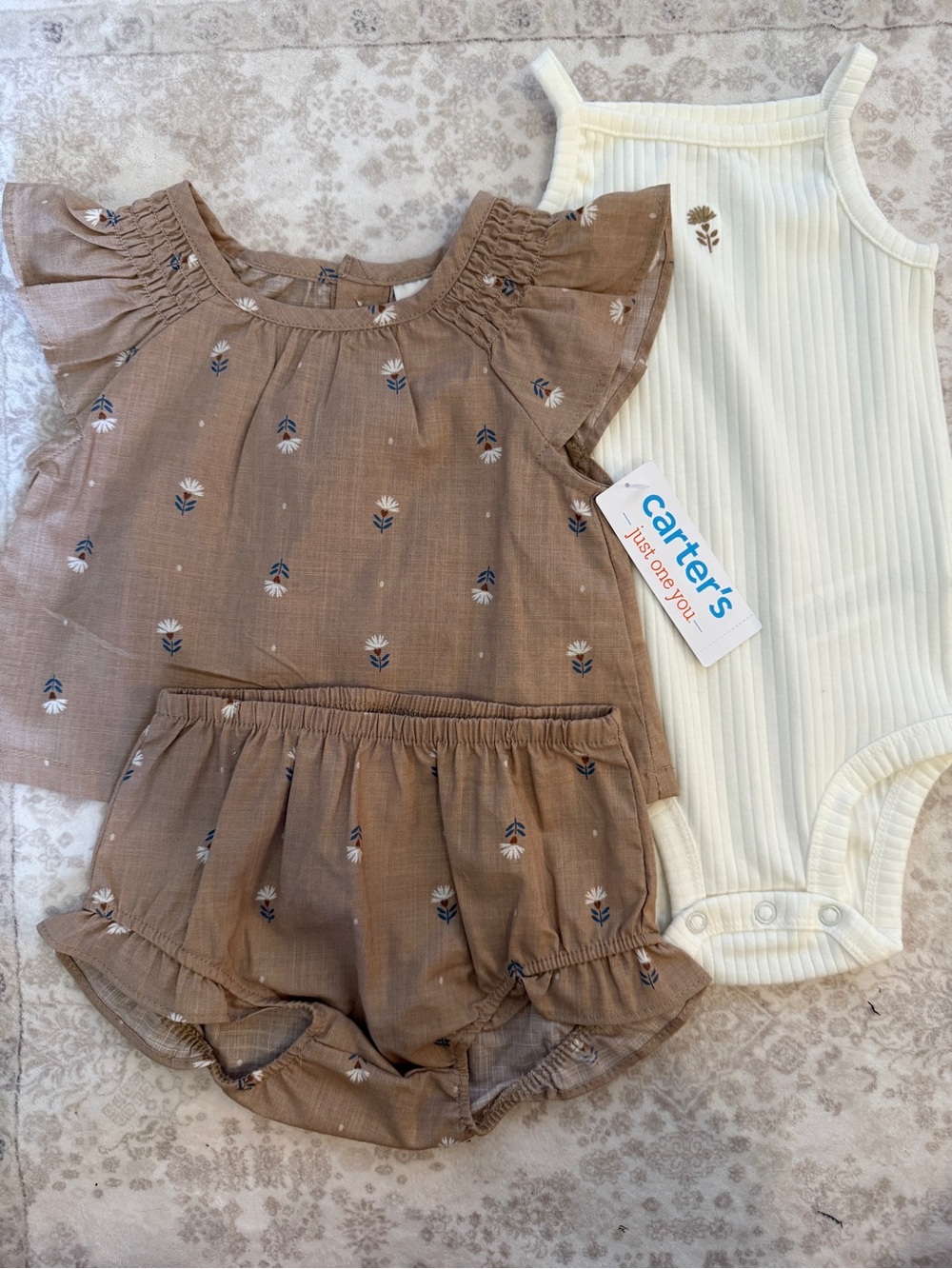 Carter's Baby Brown Floral Two-Piece Set with Cream Bodysuit 3 Piece Set